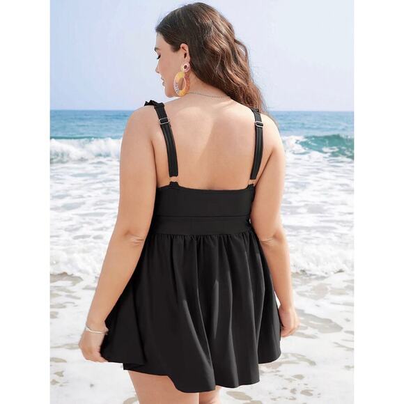 Bloomchic 18-20 Ruffle Trim Adjustable Straps Gathered Waist Swim Dress Black - Picture 3 of 8
